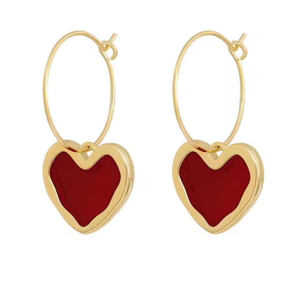 Red Heart Drop Earrings – Gold Tone Romantic Statement Earrings - Picture 5 of 5